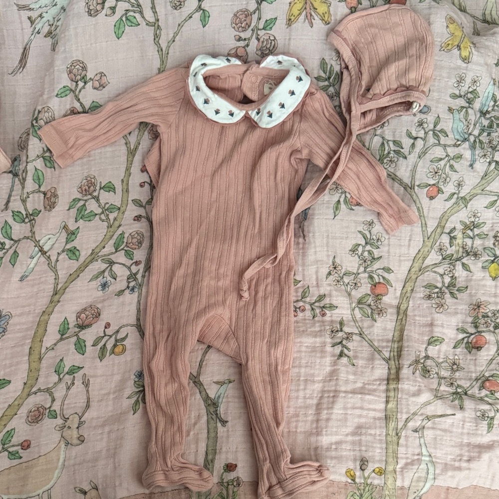 Ribbed Blush Baby Footie with Peter Pan Collar and Bonnet